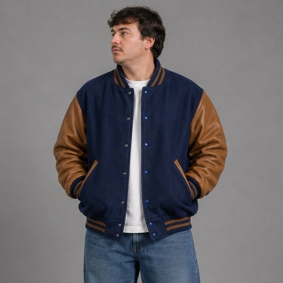 Butwin Other - Butwin Varsity Jacket Men Large Regular Navy Blue Tan Leather Sleeve Vintage 90s